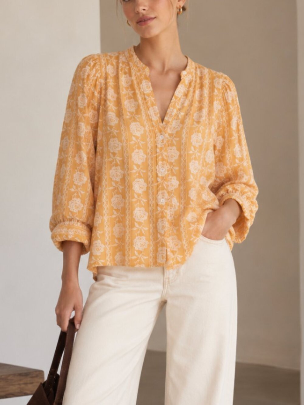 Pilcro by Anthropologie Embroidered Floral Top Buttondown Yellow Small